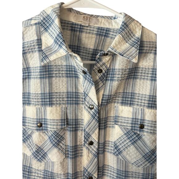 Kut from the Kloth Blue Plaid Snap Front Cotton Shirt Jacket Shacket Small - Picture 2 of 11